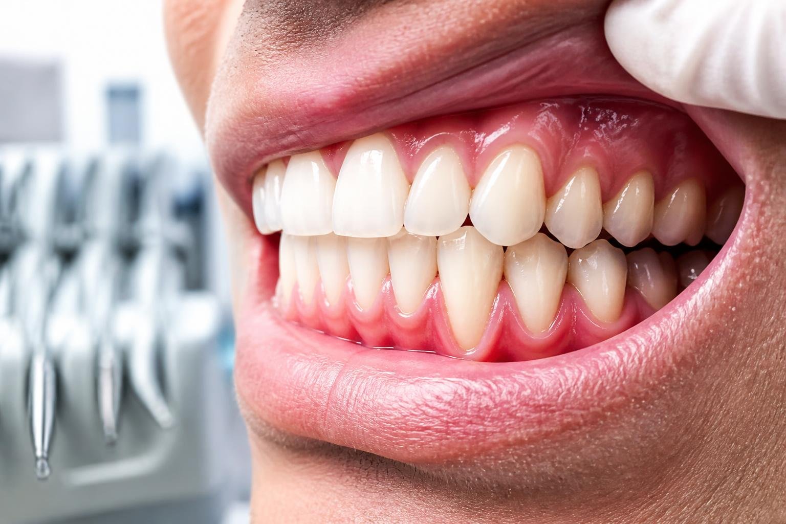 Close-up of a human mouth showing healthy gums next to areas with gum recession exposing tooth roots.