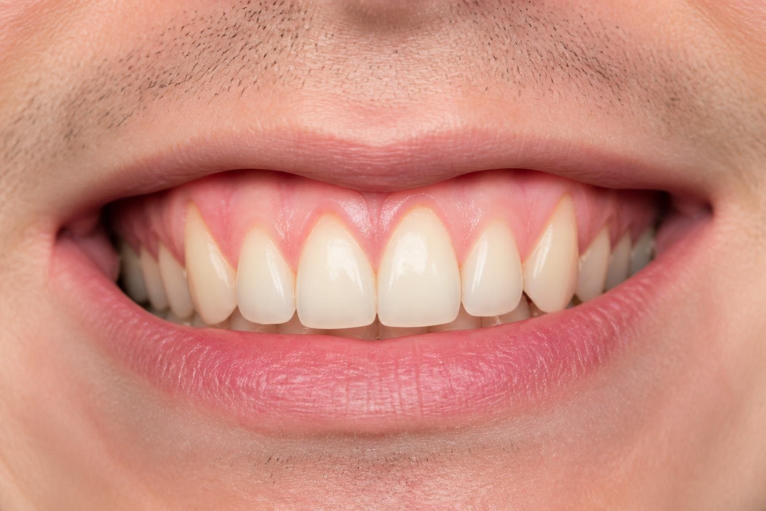 Close-up of a smiling mouth showing teeth and gums with slight gum recession.