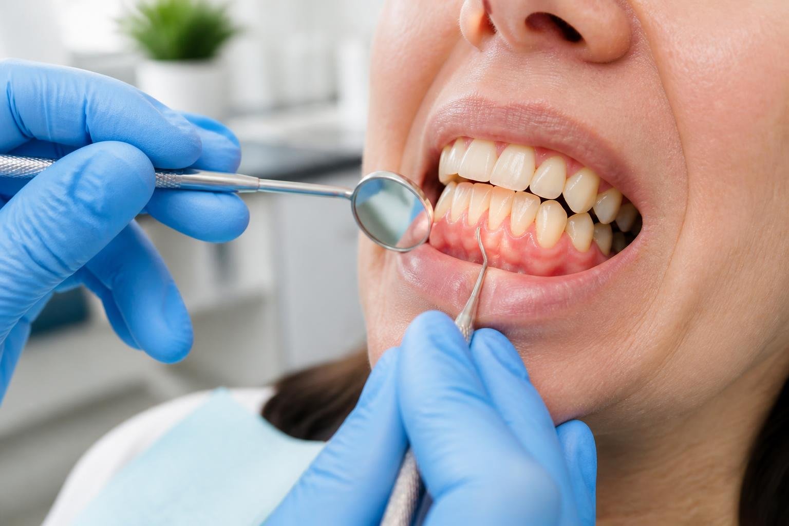 Dentist examining a patient's gums showing signs of gum recession in a dental clinic.