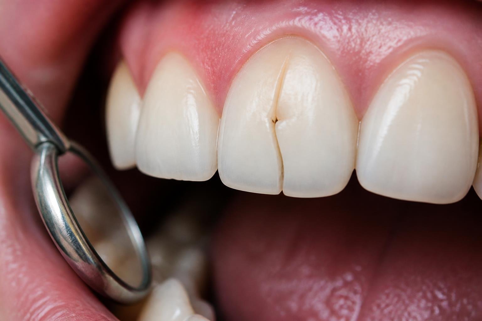 Close-up of a human mouth showing a cracked tooth inside a dental clinic.