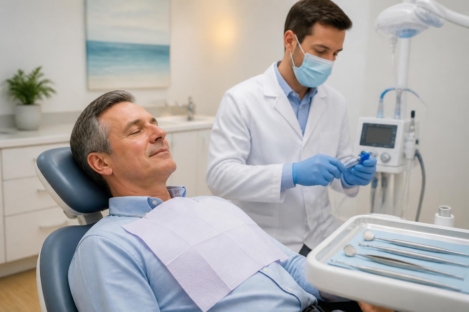 A patient comfortably reclining in a dental chair while a dentist prepares sedation equipment in a clean dental office.