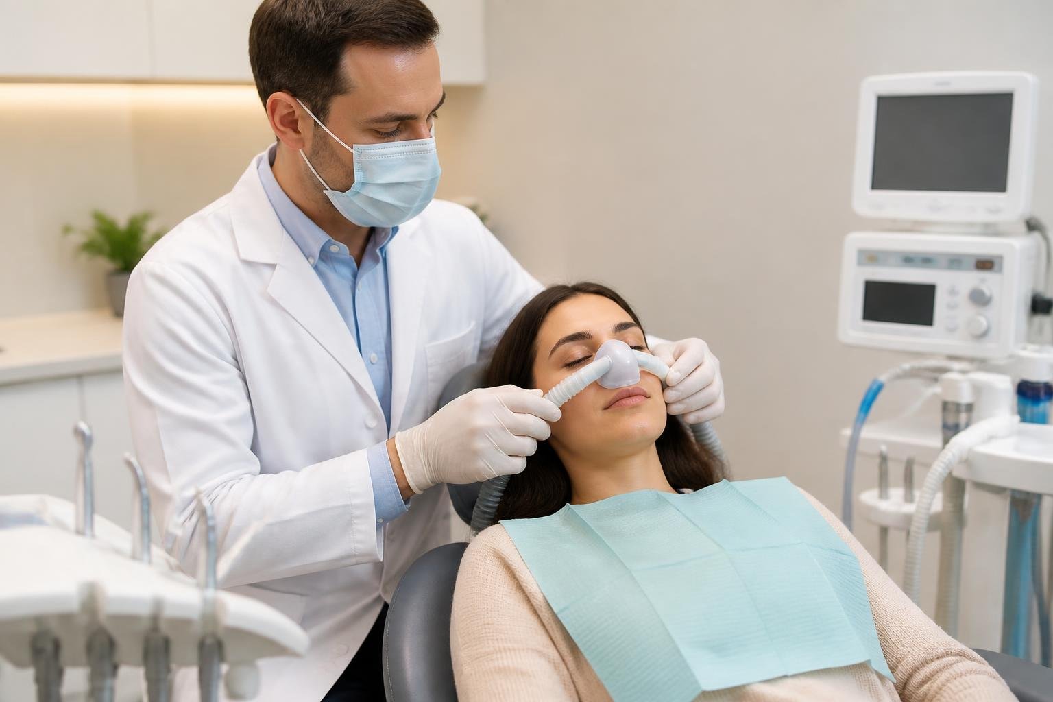 A dentist preparing a relaxed patient in a dental chair in a clean, modern dental office.
