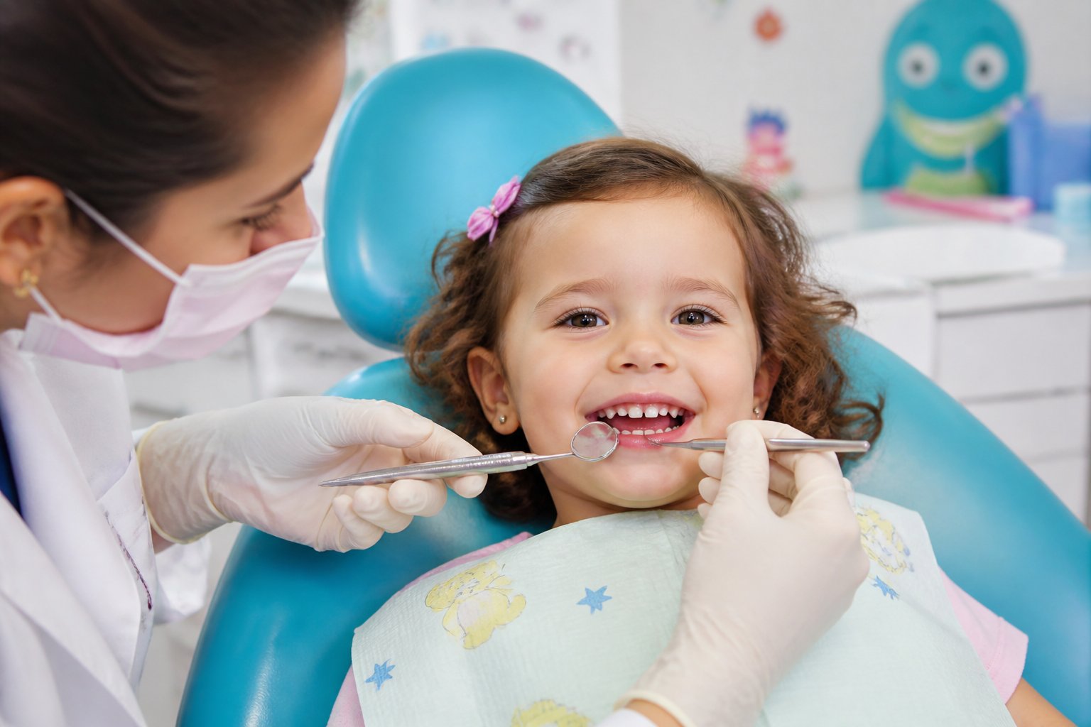 A toddler smiling and showing baby teeth while a dentist gently examines the child's mouth in a bright dental clinic.