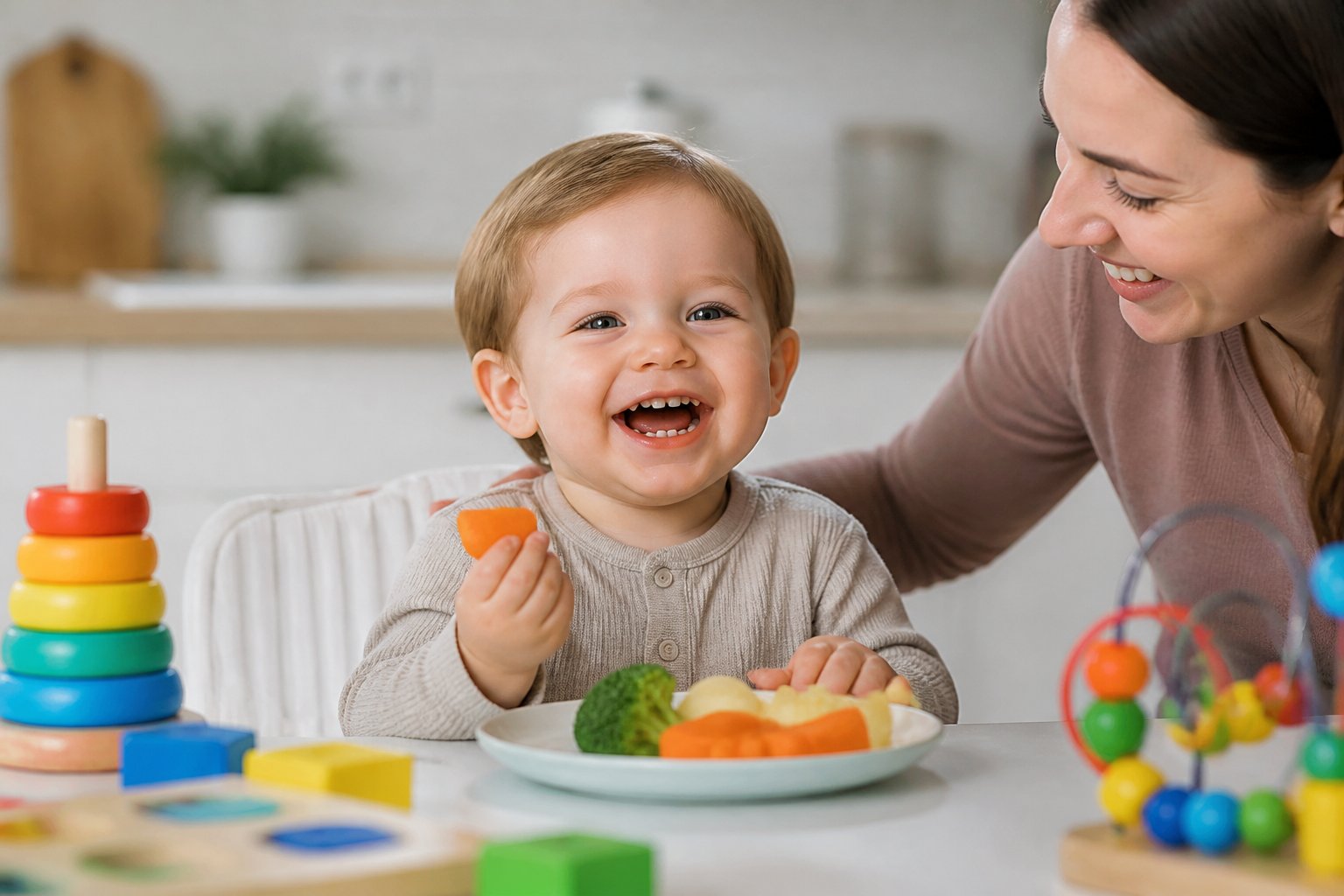 A smiling toddler showing baby teeth while sitting at a kitchen table with healthy snacks and toys, with a parent nearby.