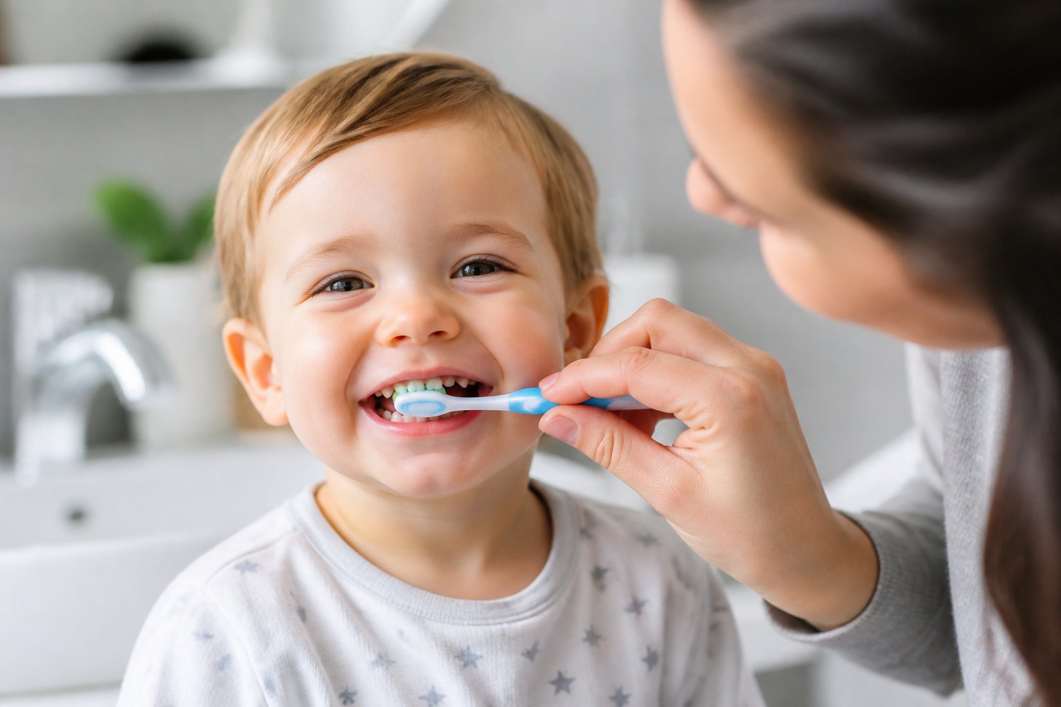 A toddler smiling while a parent helps them brush their baby teeth at a bathroom sink.