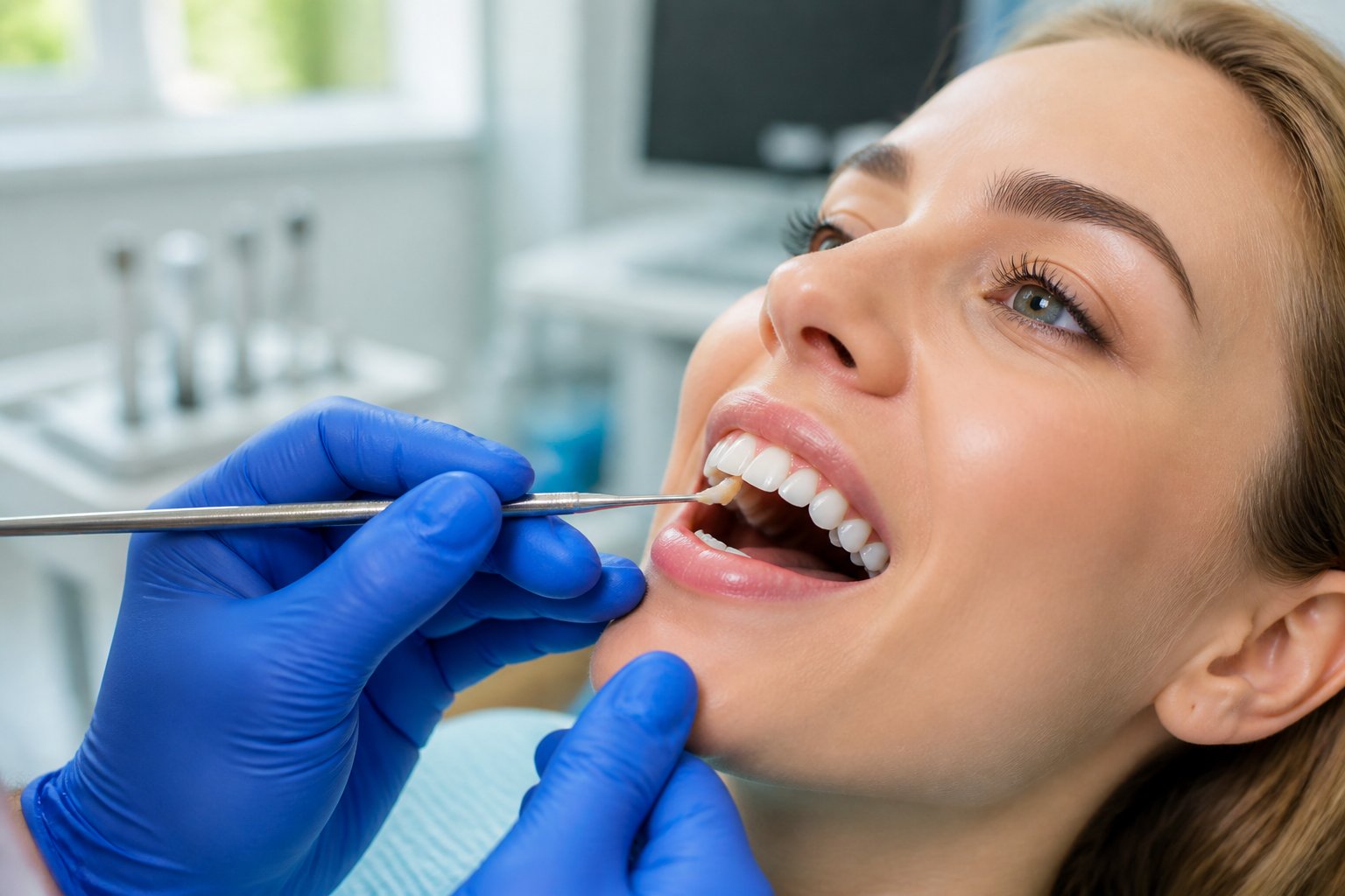 Dentist applying cosmetic bonding material to a patient's front tooth in a dental clinic.