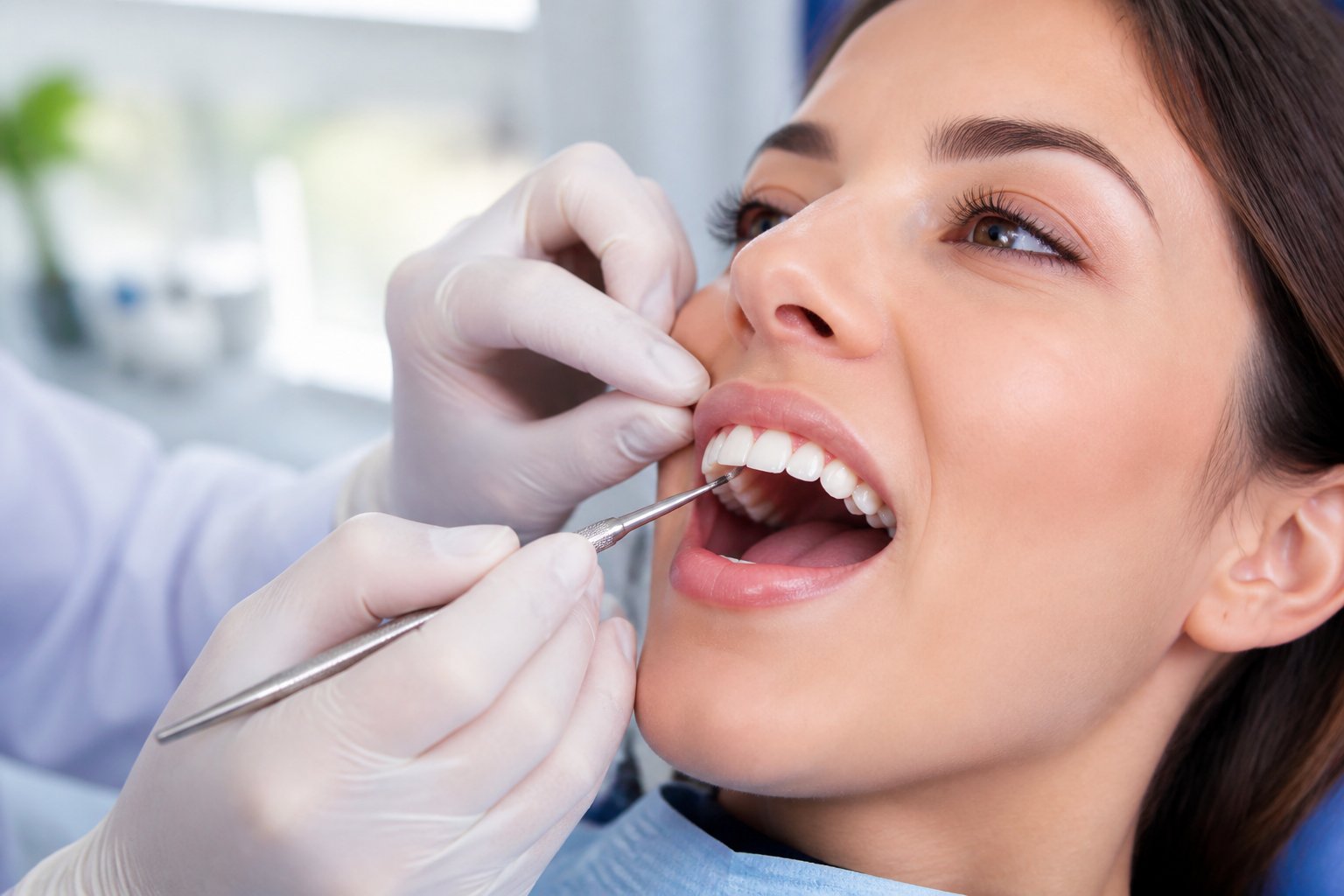 Close-up of a dentist applying tooth-colored resin to a patient's front tooth in a dental clinic.