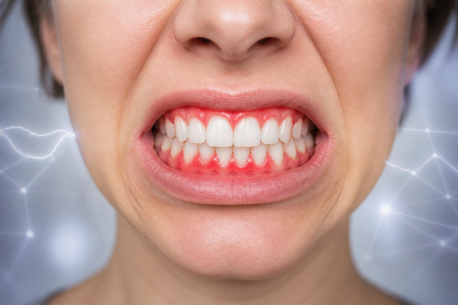 Close-up of a person's mouth showing clenched teeth and red inflamed gums, symbolizing the impact of stress on dental health.