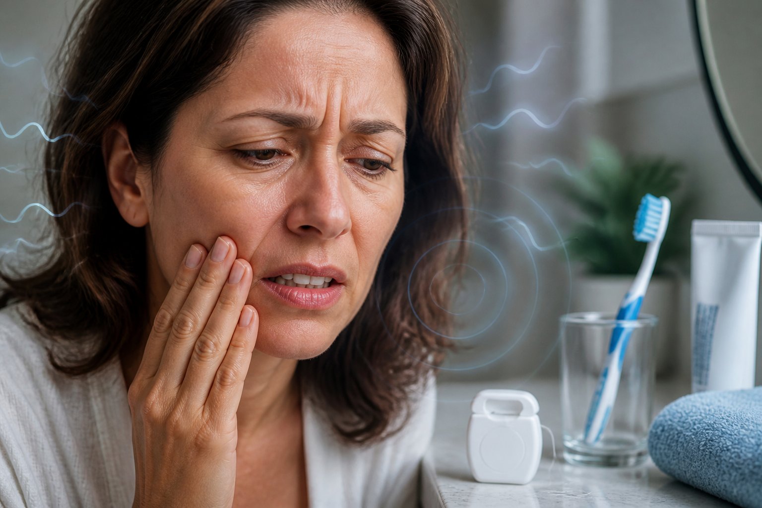 A close-up of a person touching their jaw with a concerned expression, with dental care items nearby.