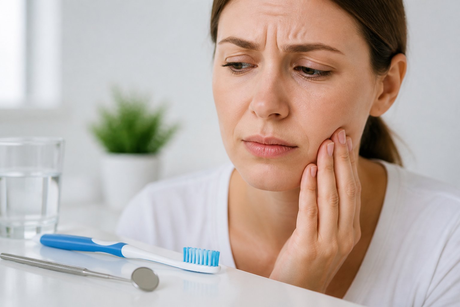 A close-up of a worried woman touching her jaw with dental tools on a white surface nearby.