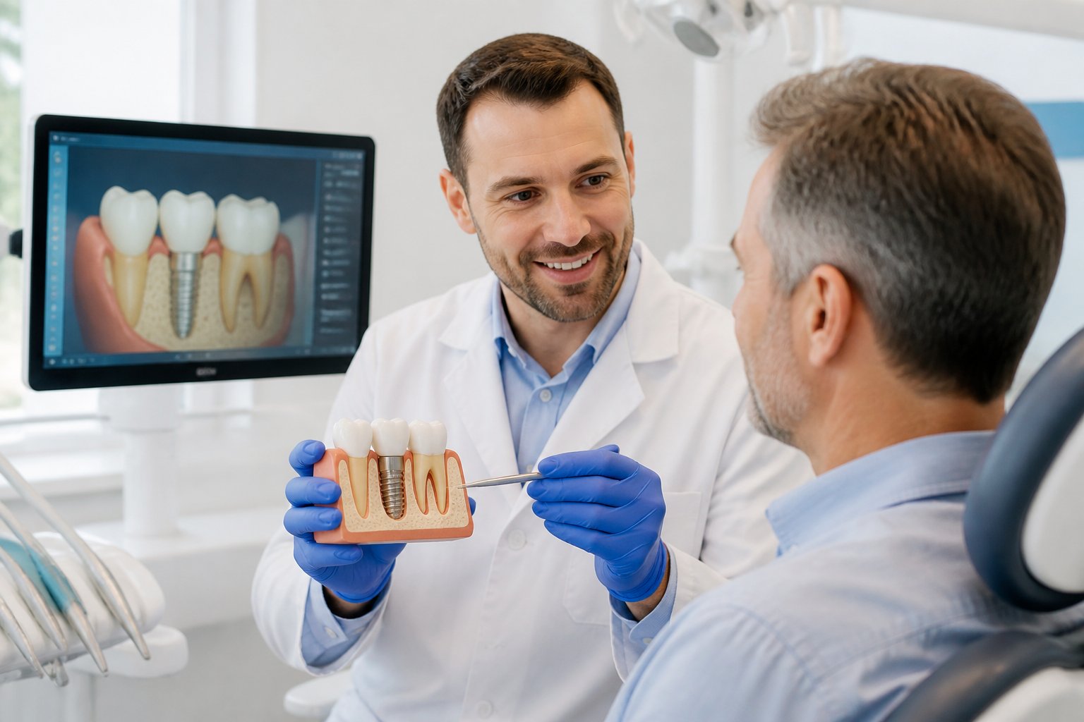 A dentist explaining a dental implant to a patient in a dental clinic.