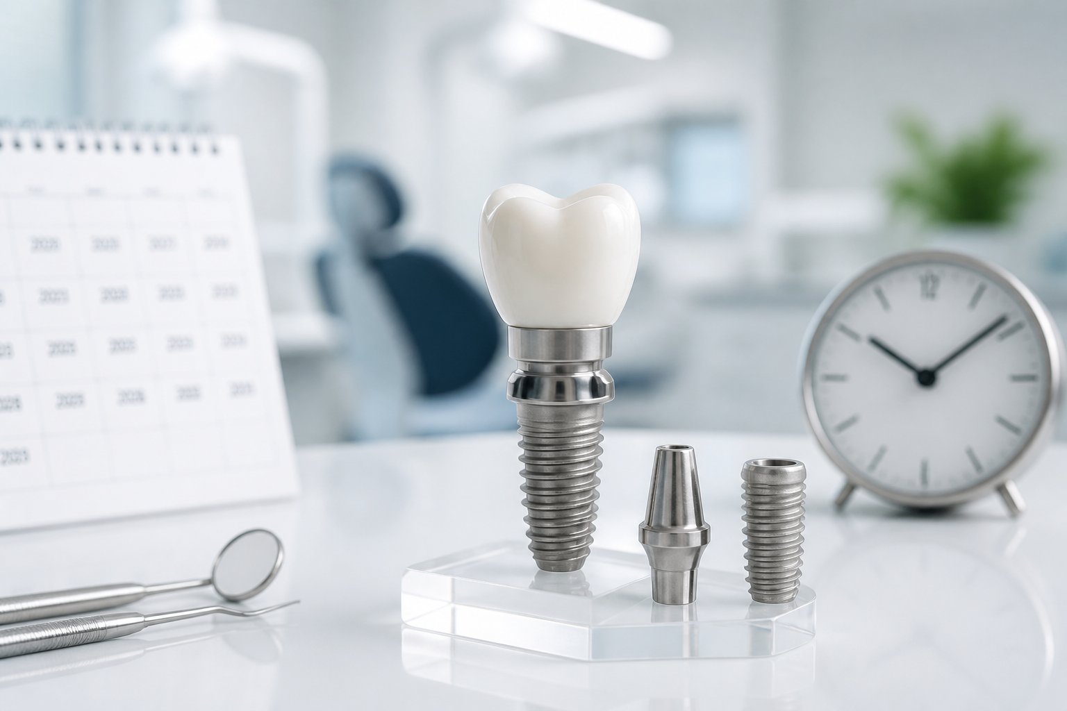 Close-up of dental implant components displayed on a white surface with a calendar and clock in the background inside a dental clinic.