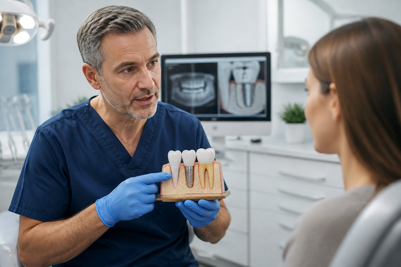 A dentist explaining dental implants to a patient using a 3D model in a dental office.