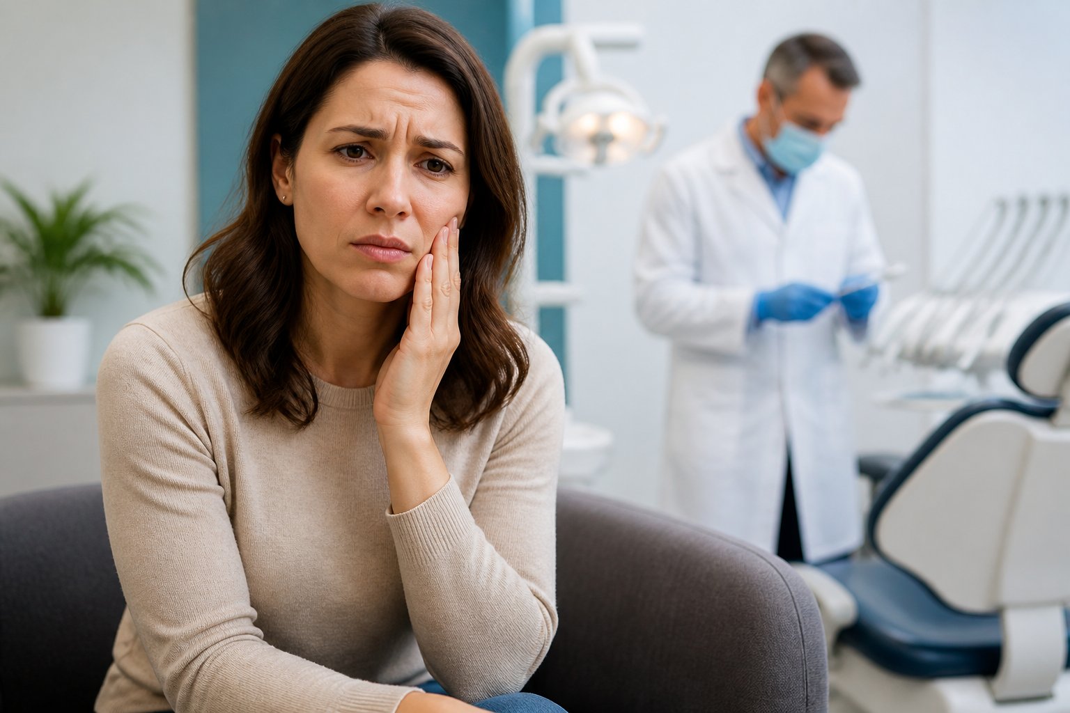 A woman touching her cheek in pain sitting in a dental clinic with a dentist preparing instruments in the background.