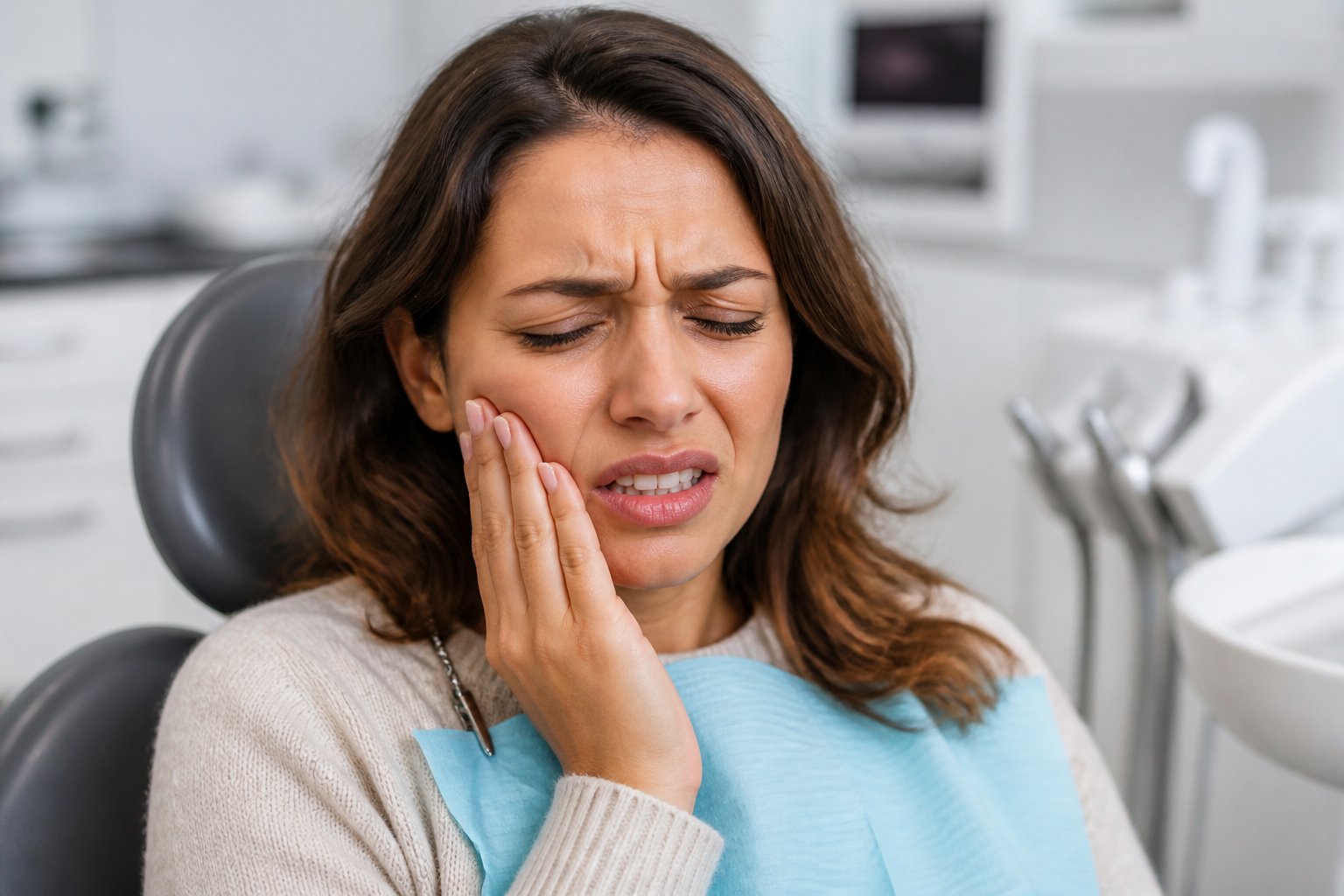 A person holding their cheek in pain while sitting in a dental clinic.