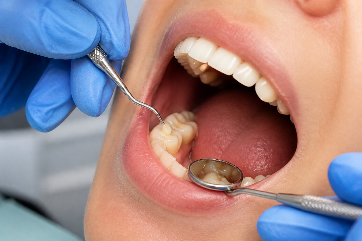 Close-up of a dentist applying a dental filling to a patient's tooth in a dental clinic.
