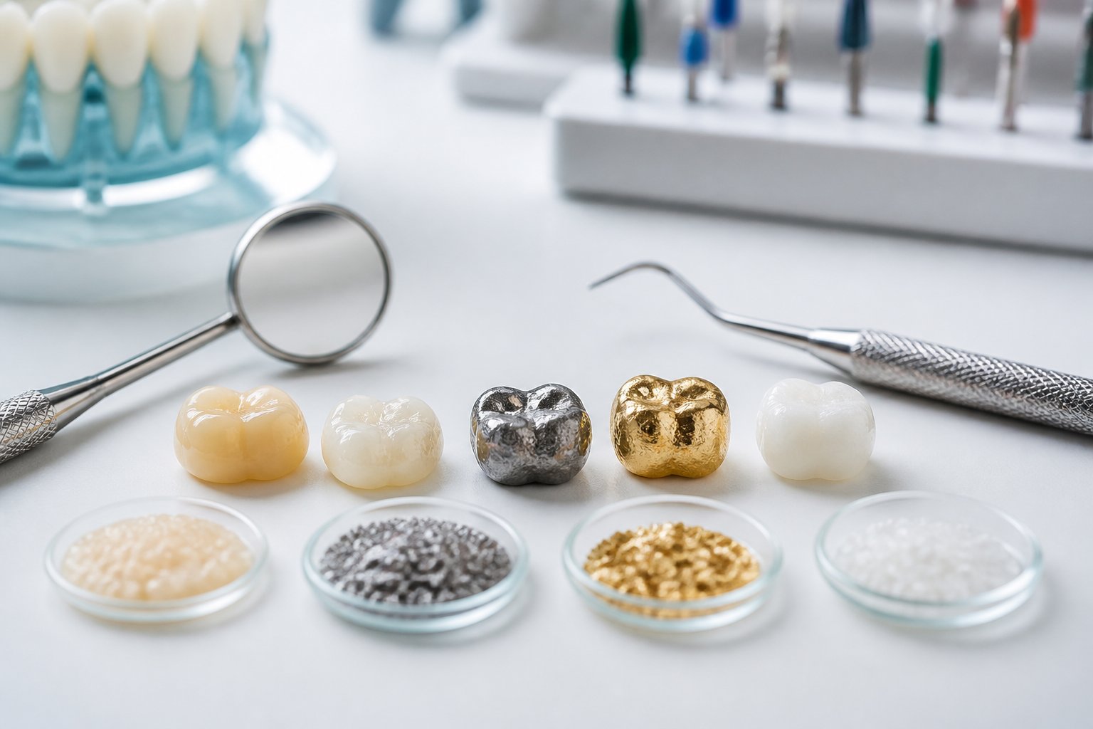 Close-up of different dental filling materials and dental tools arranged on a white surface.