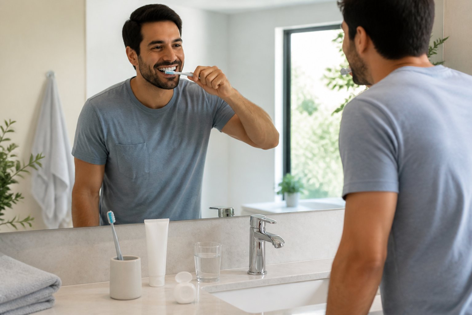 An adult brushing their teeth in a bright bathroom with oral hygiene items on the countertop.
