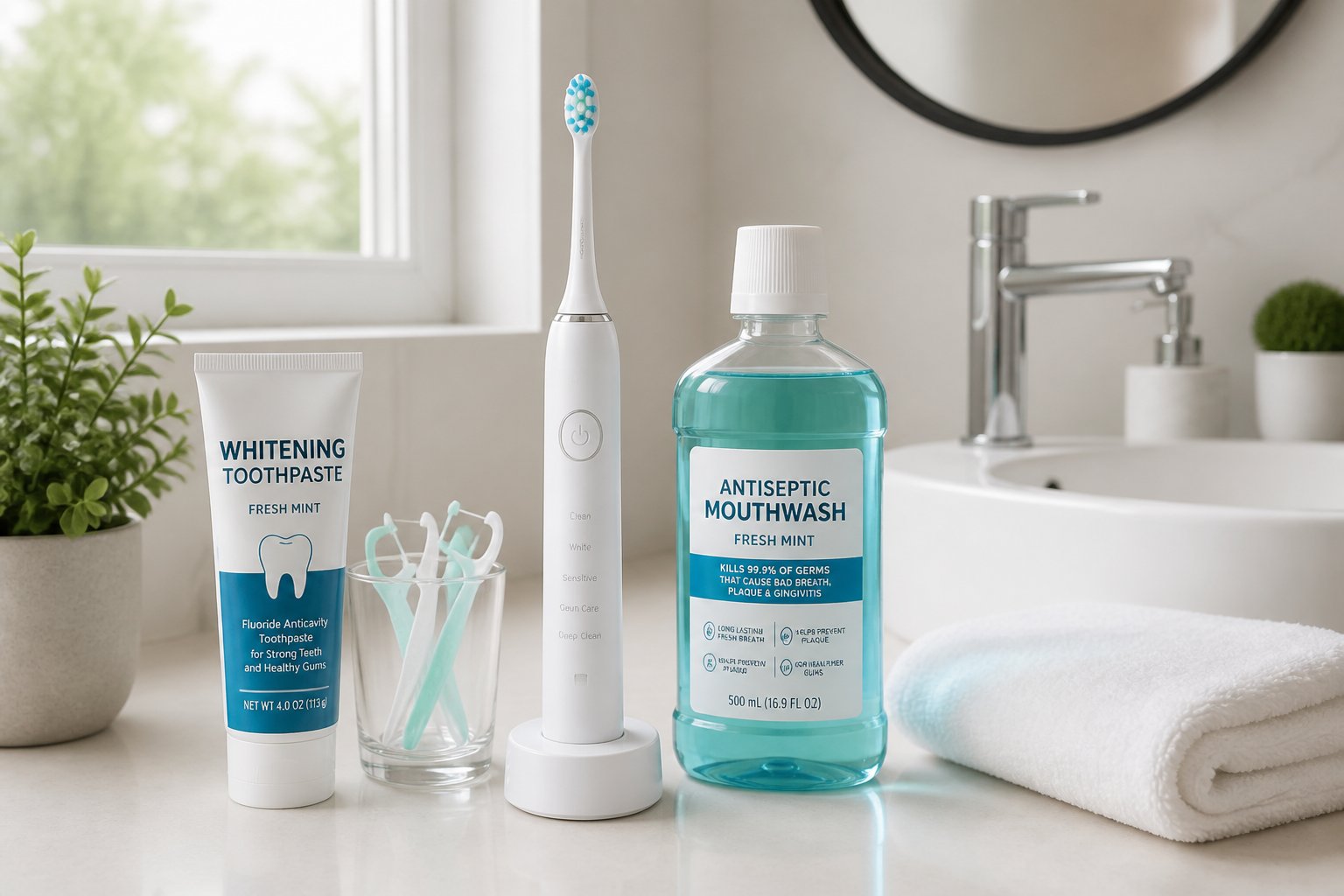 A bathroom countertop with electric toothbrush, toothpaste, floss picks, mouthwash, and a towel arranged near a sink.