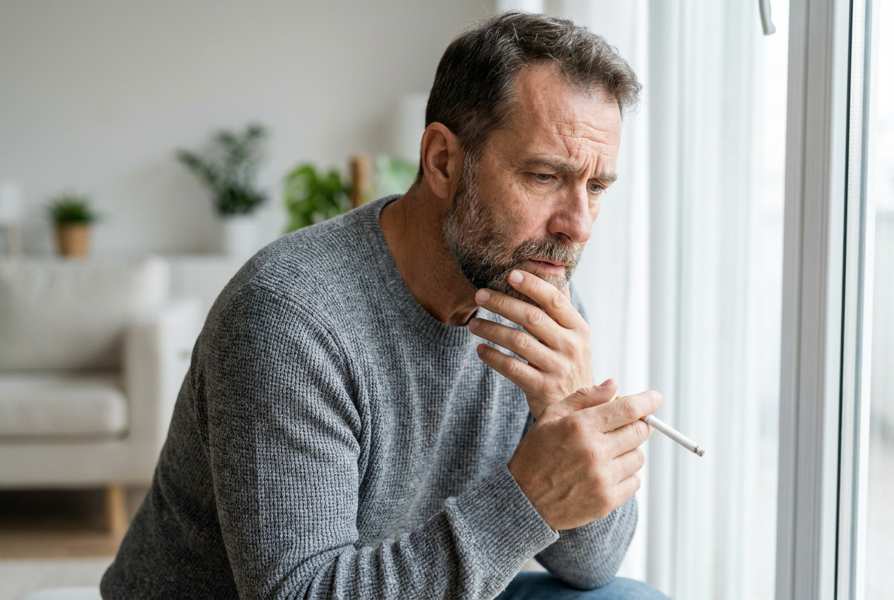 Man thoughtfully holding a cigarette, considering how smoking damages teeth and gums
