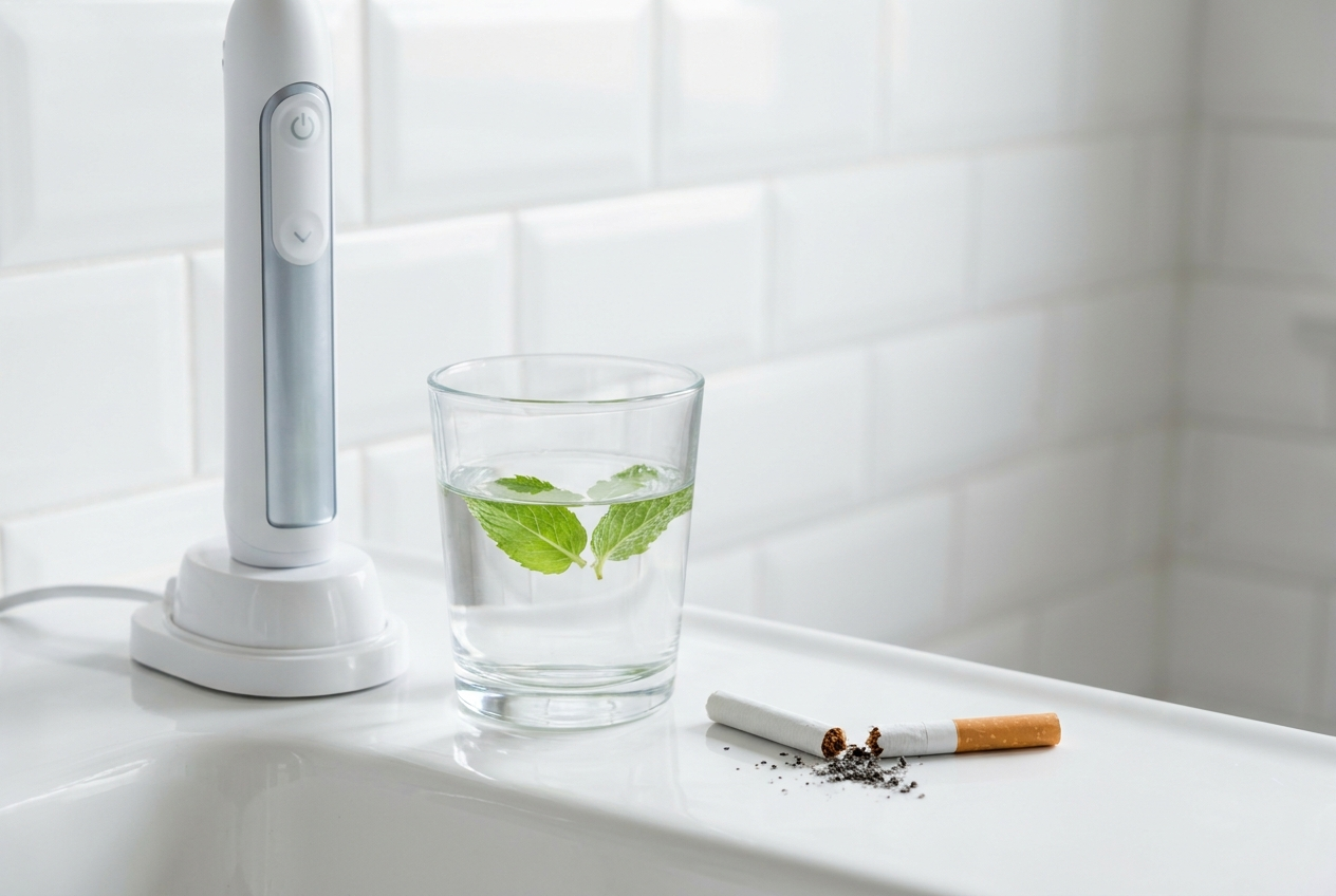 Broken cigarette beside a toothbrush and water, symbolizing quitting smoking for better oral health