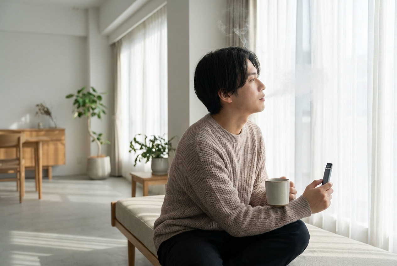 Young adult holding a vape pen, considering whether vaping affects oral health