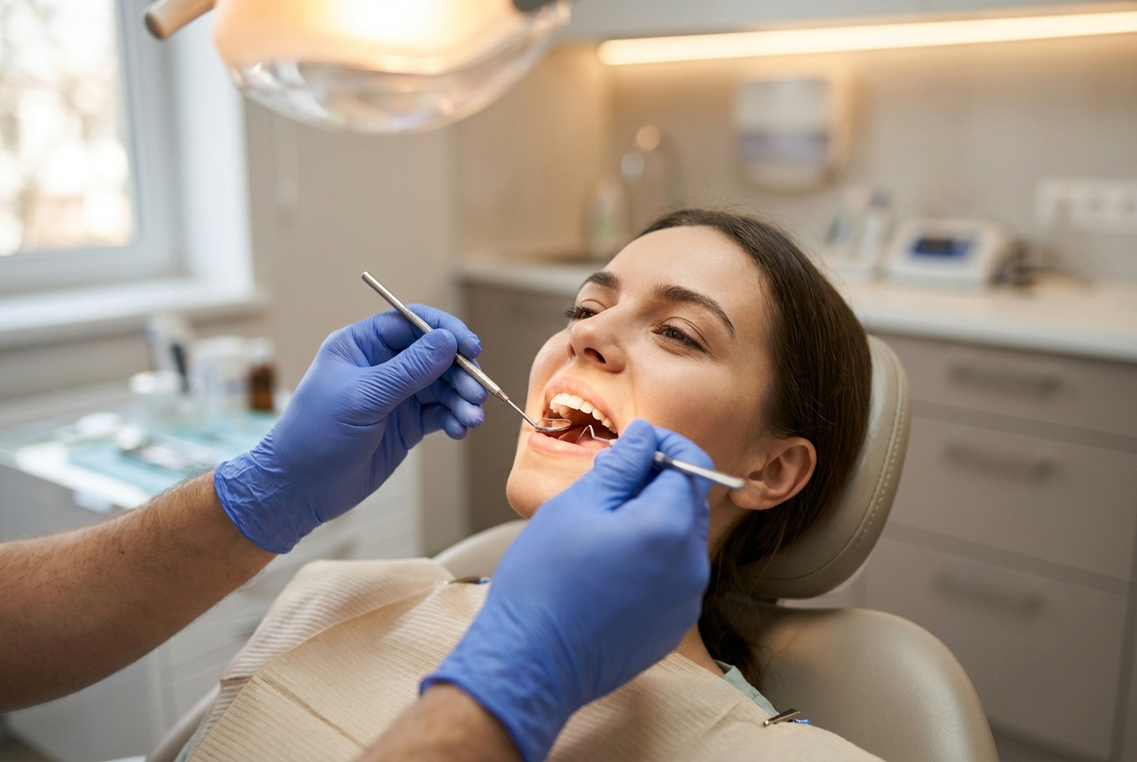 Dentist examining a young patient's gums for vaping-related inflammation