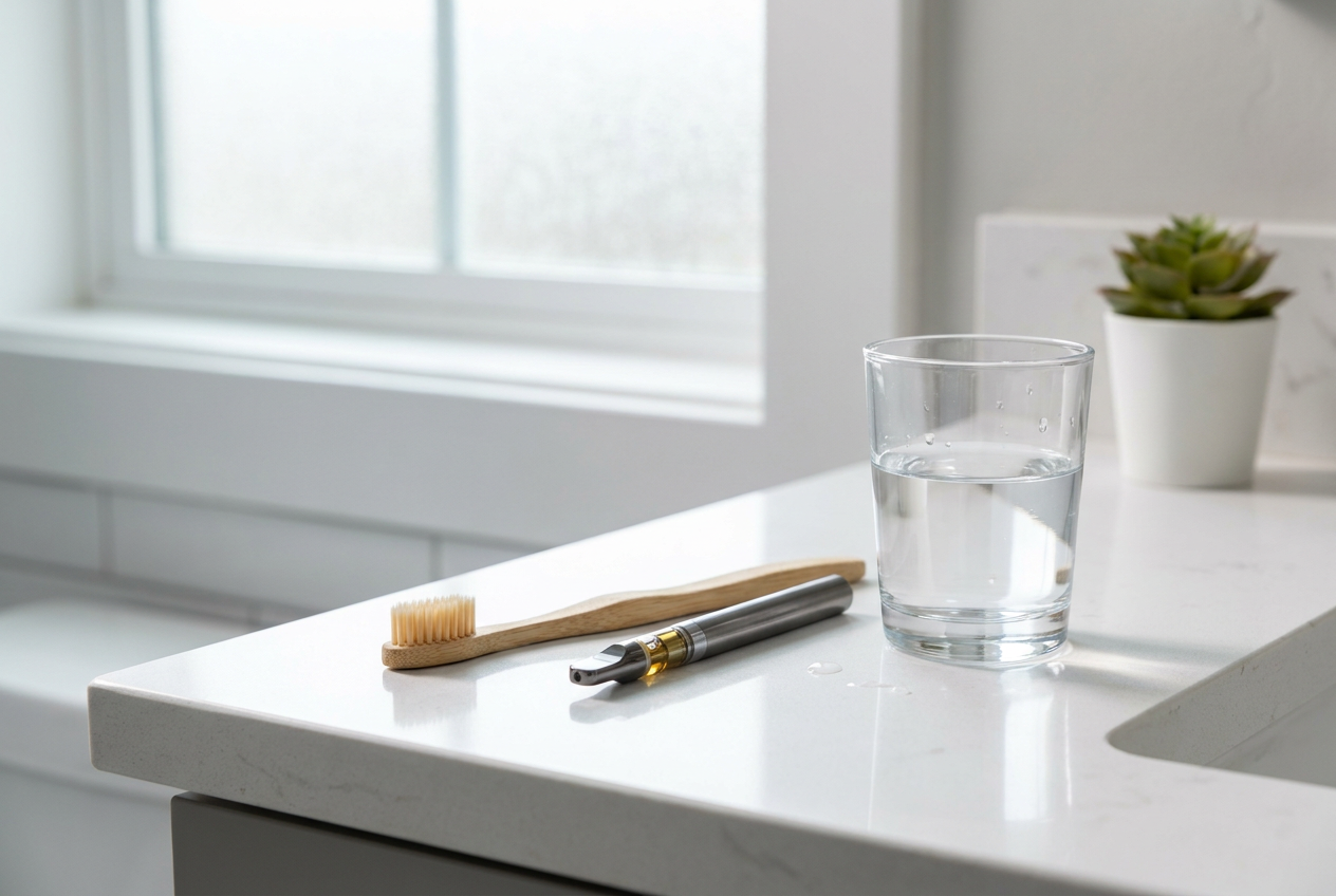 Vape pen beside a toothbrush and glass of water, symbolizing protecting oral health from vaping