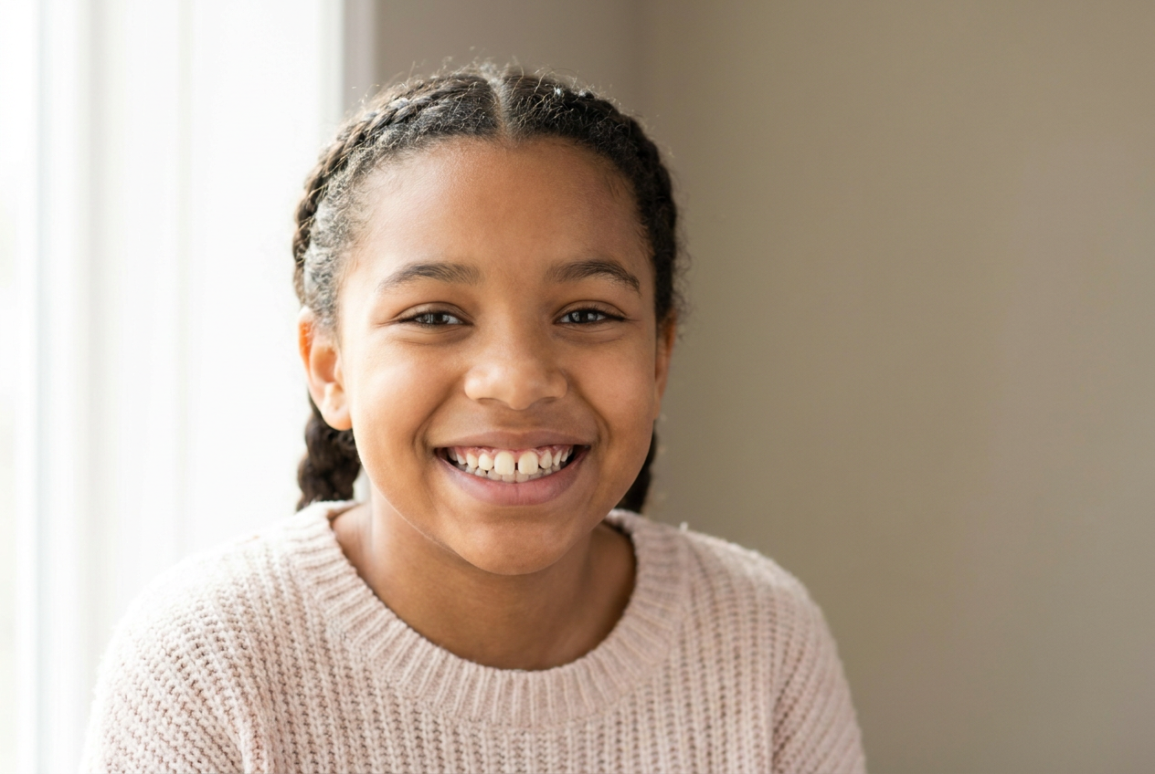 Smiling teenage girl with crowded, crooked teeth showing signs she may need braces