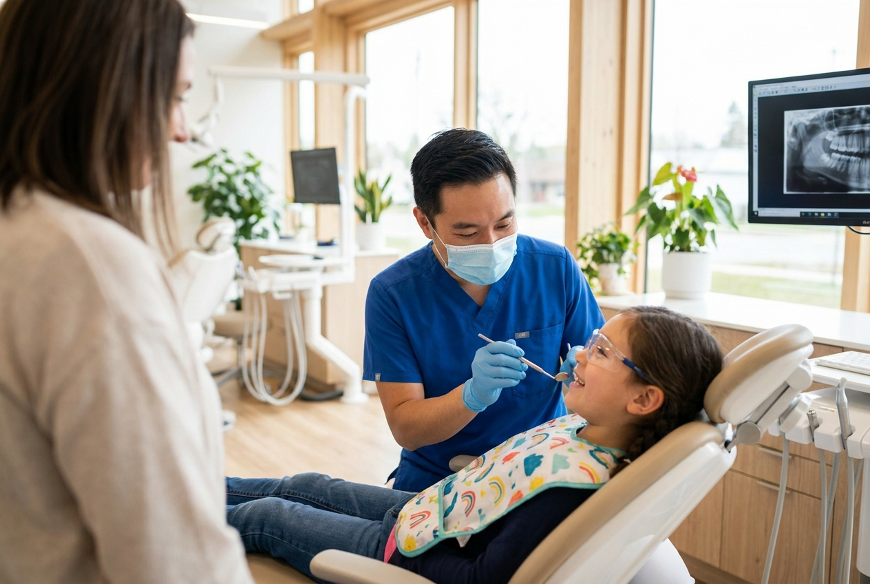 Orthodontist examining a young patient's teeth and bite during an evaluation