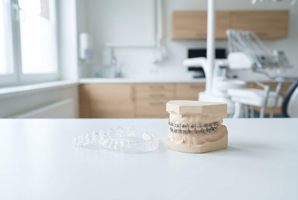 Clear aligner trays next to a model of teeth with traditional braces, two orthodontic treatment options