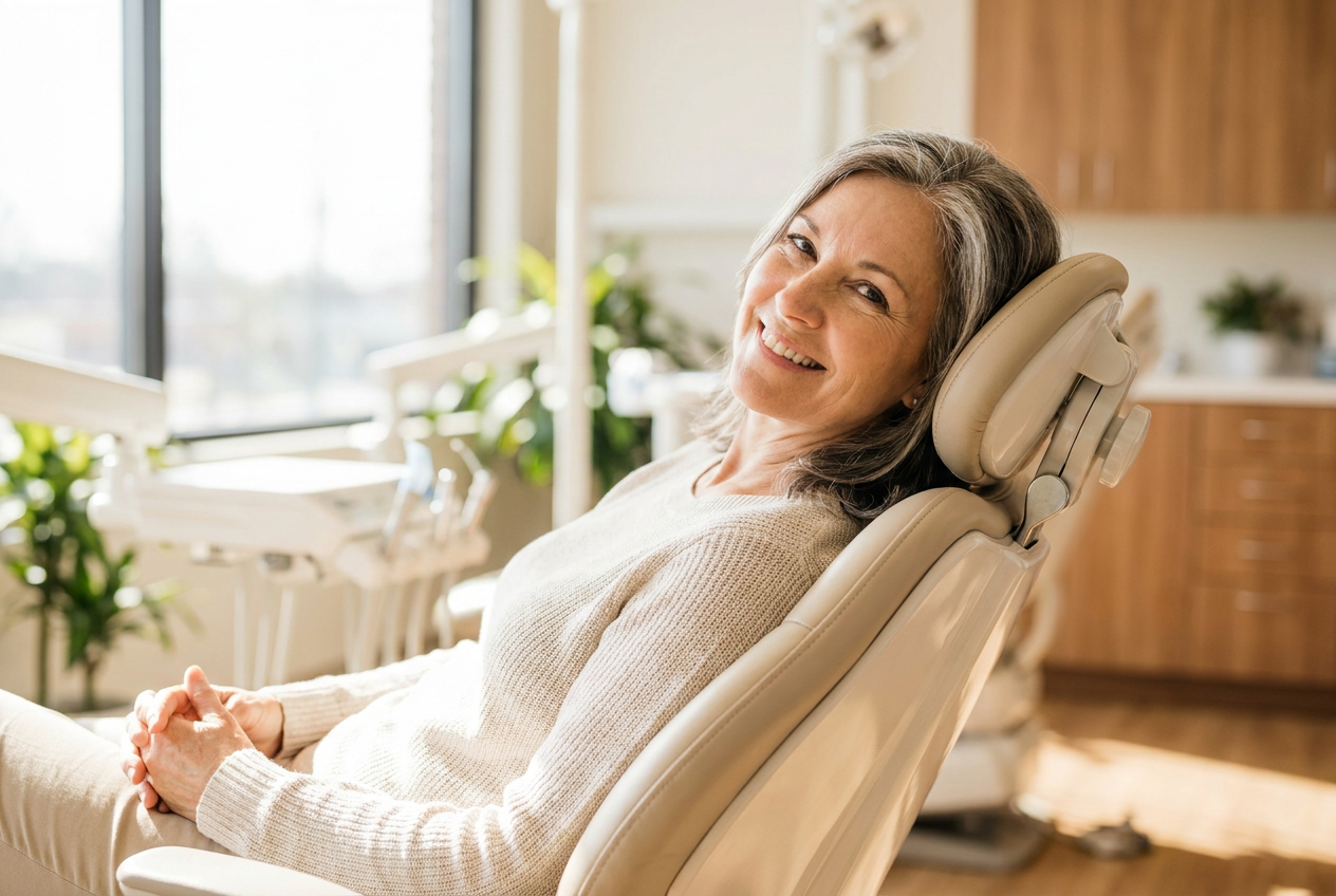 Relaxed patient smiling comfortably in a modern dental chair, at ease during a visit