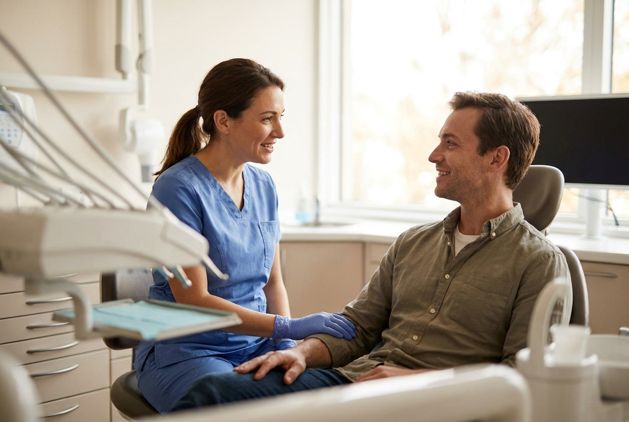 Friendly dentist talking warmly with a patient at eye level to ease dental anxiety