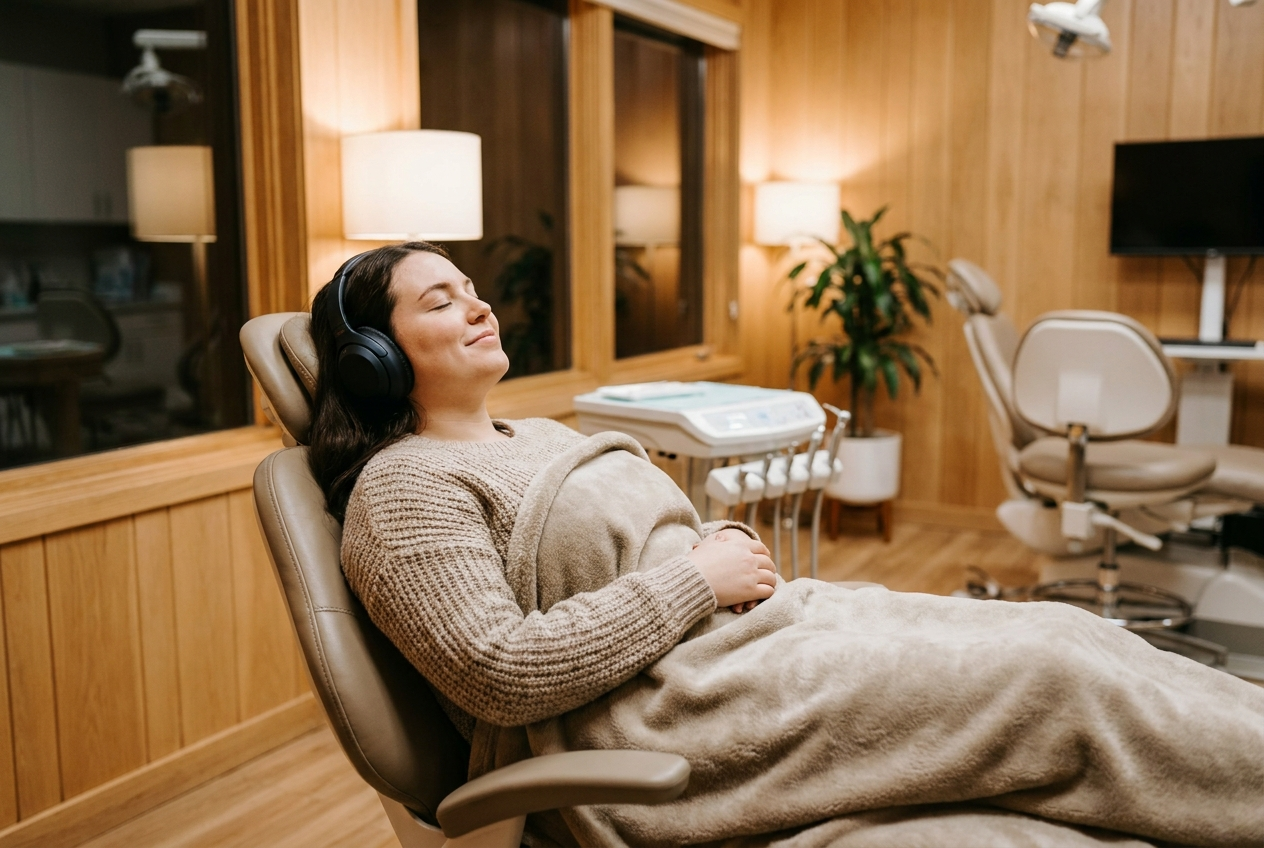 Calm patient relaxing with headphones and a blanket in a dental chair