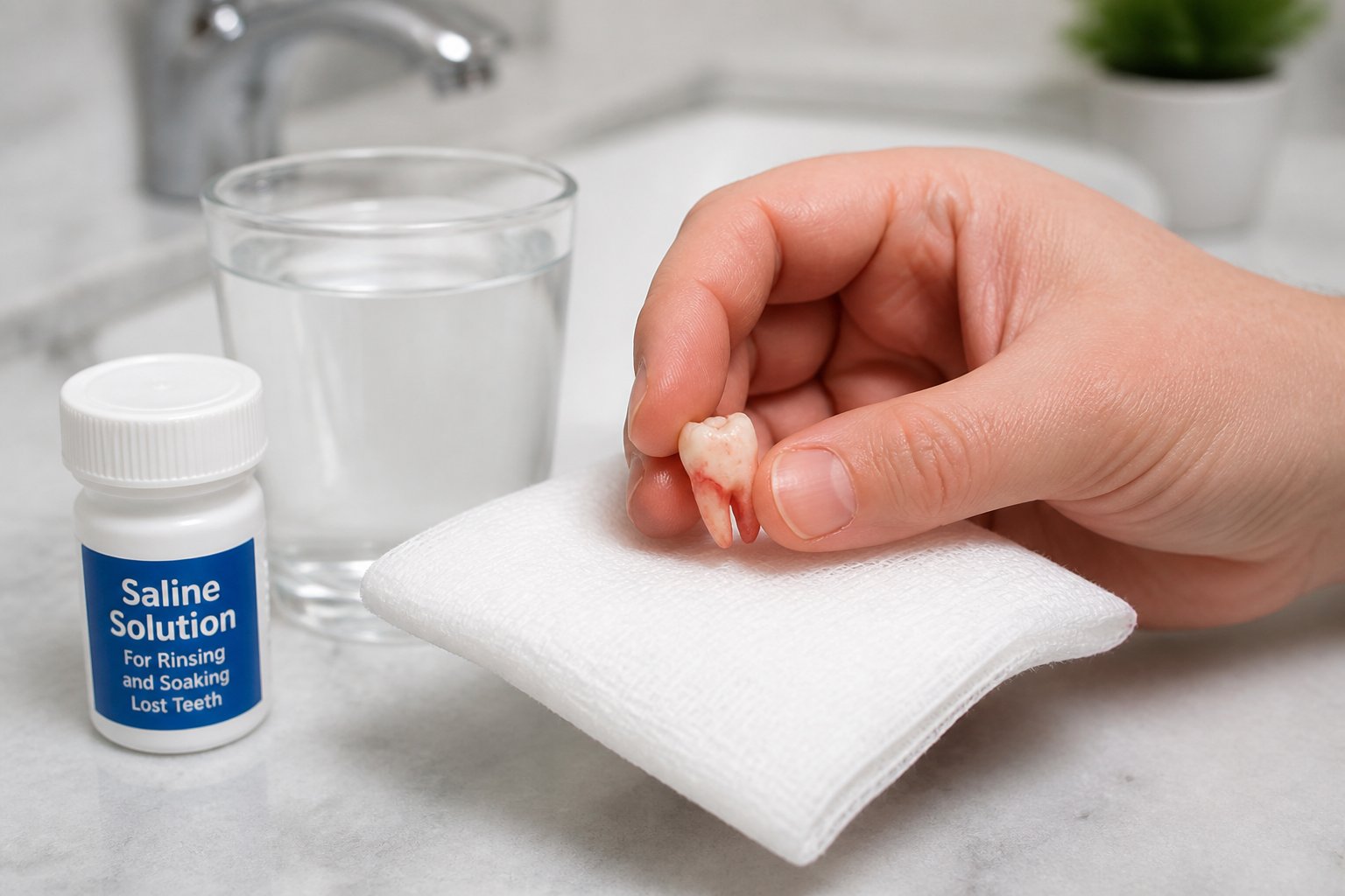 A close-up of a hand holding a knocked-out tooth over a white gauze pad near a bathroom sink.