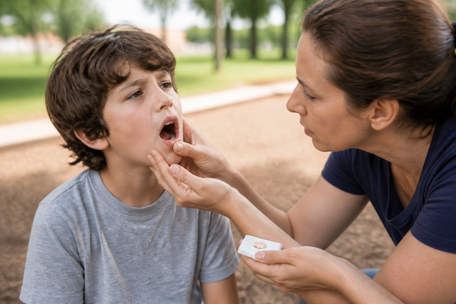 An adult carefully checking the mouth of a young person who has knocked out a tooth outdoors.