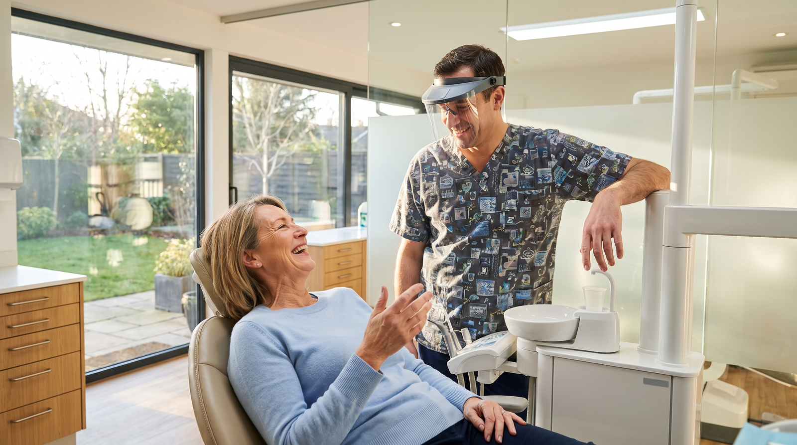 Smiling patient discussing tooth replacement options with a dentist in a Sherman Oaks office