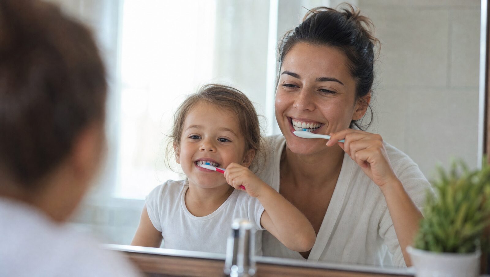 Parent and child brushing teeth together as part of cavity prevention