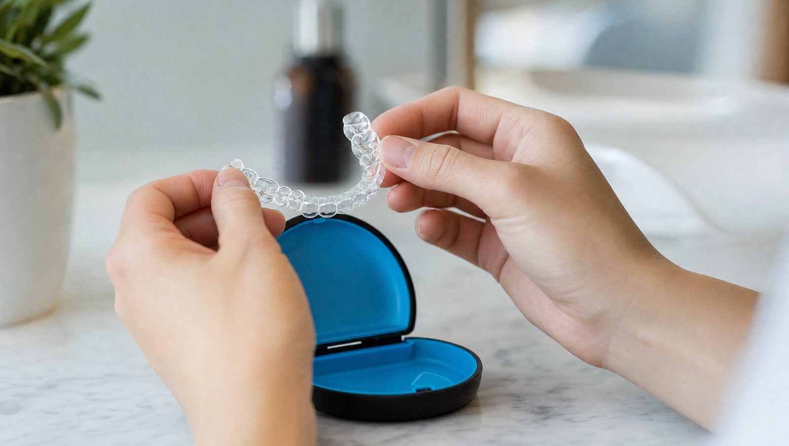 Clear retainer held above its protective case