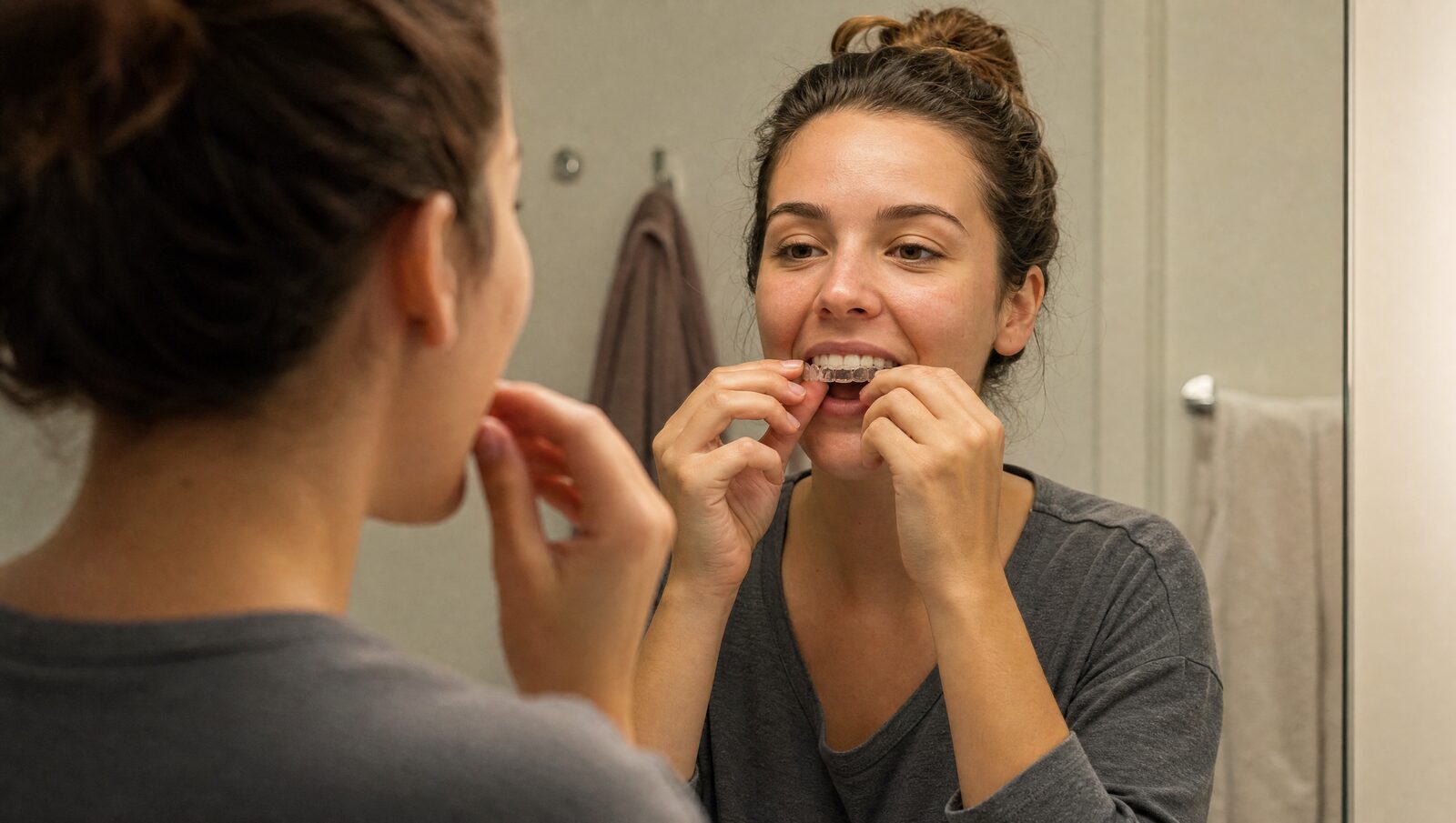 Wearing a clear retainer at night to keep teeth from shifting