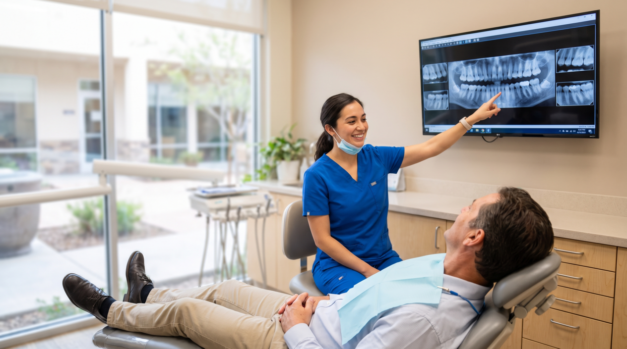 Dentist reviewing digital dental images with a patient during a comprehensive dental exam