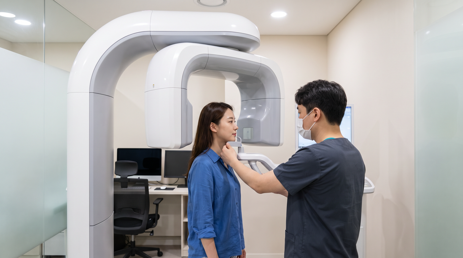 Patient getting a 3D cone beam CT scan before dental implant placement