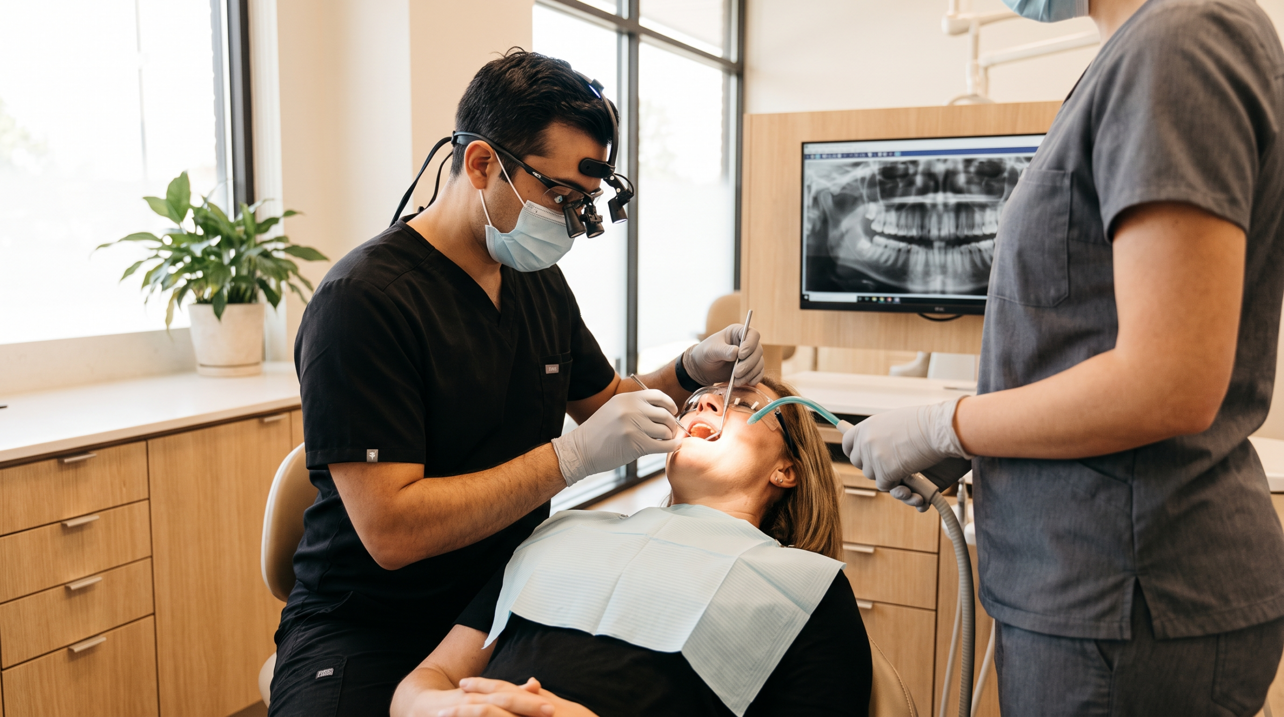 Dentist examining a patient's teeth and gums to evaluate dental implant candidacy