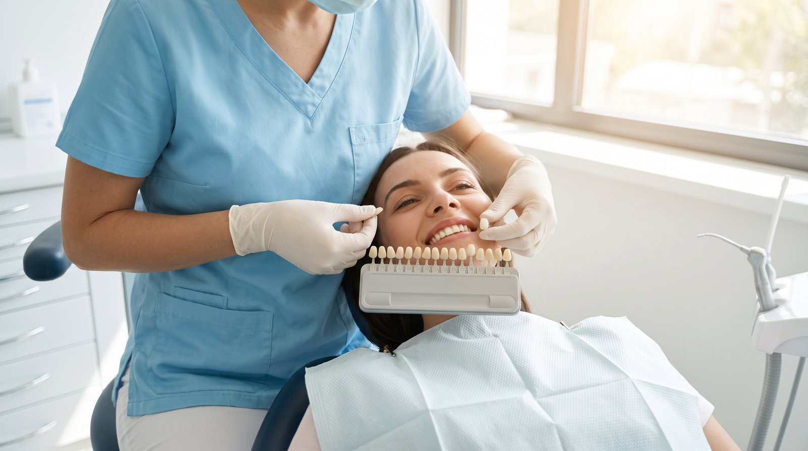 Dental professional matching the shade of an implant crown to a patient's natural teeth
