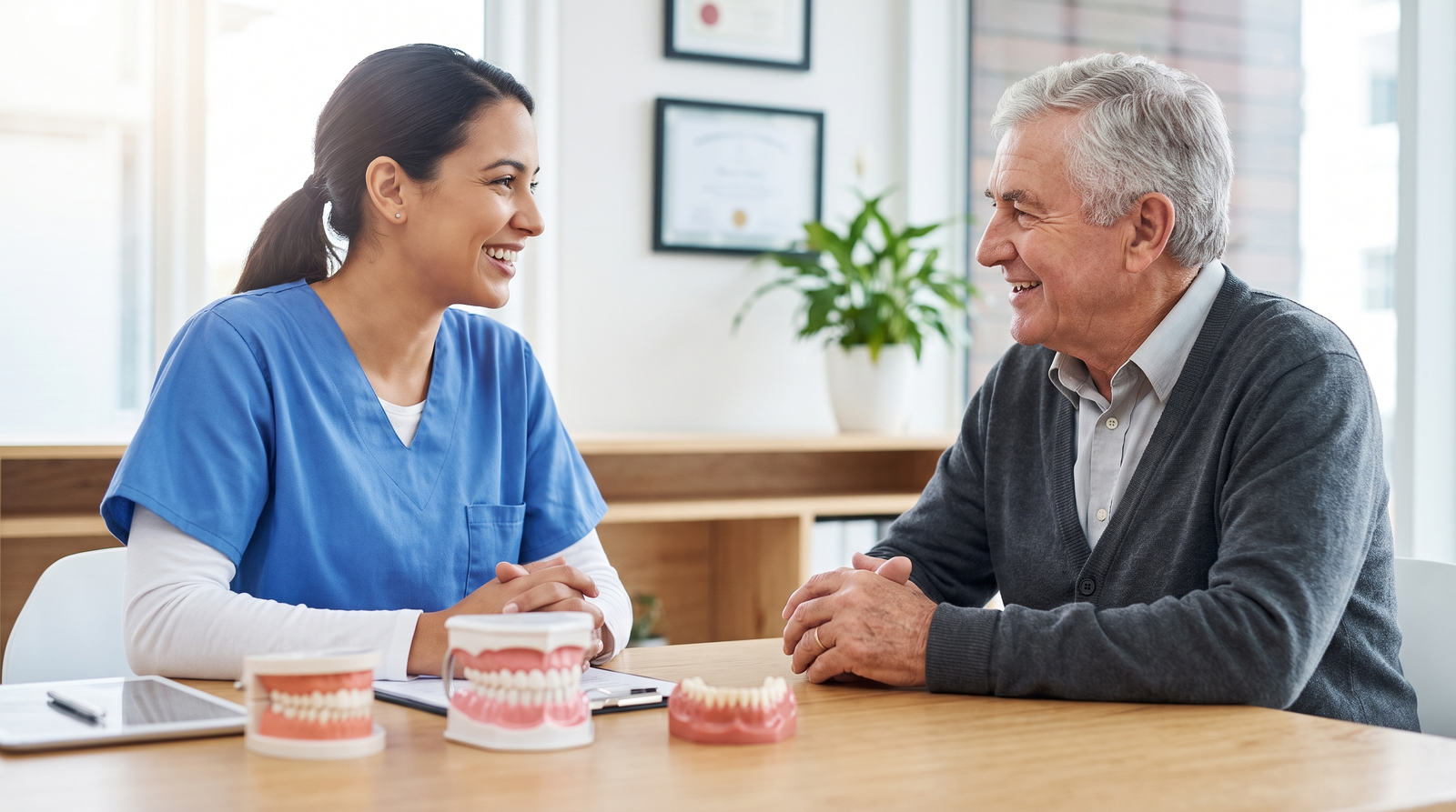 Dentist talking with an older patient about the long term value of dental implants