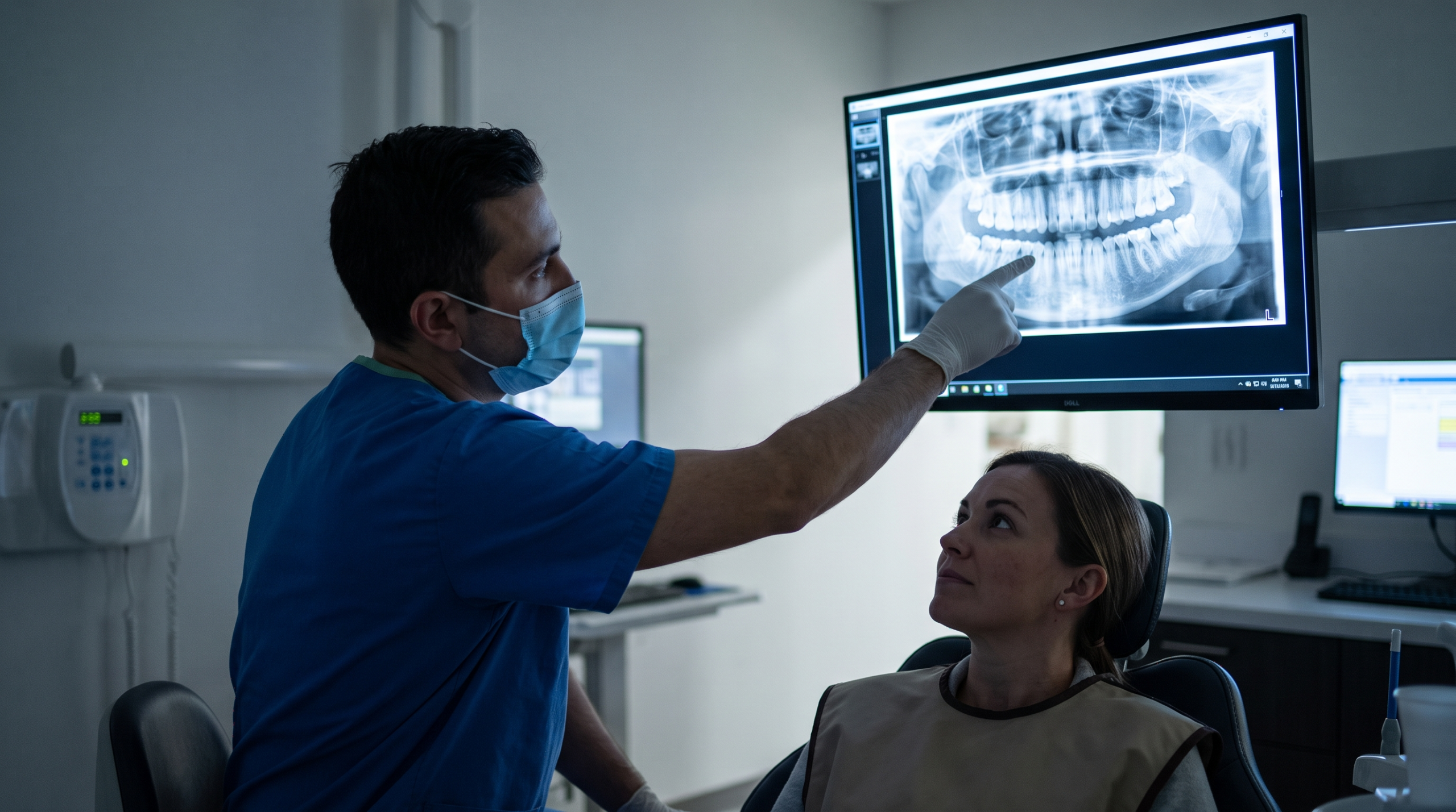 Dentist explaining jawbone healing around a dental implant using a panoramic X-ray