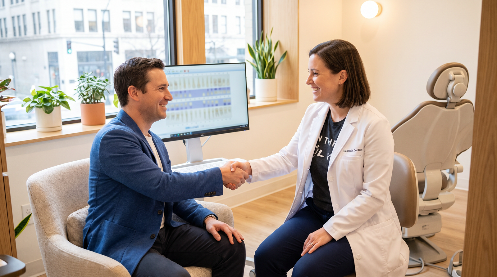 Dentist welcoming a new patient for a dental implant consultation in Sherman Oaks
