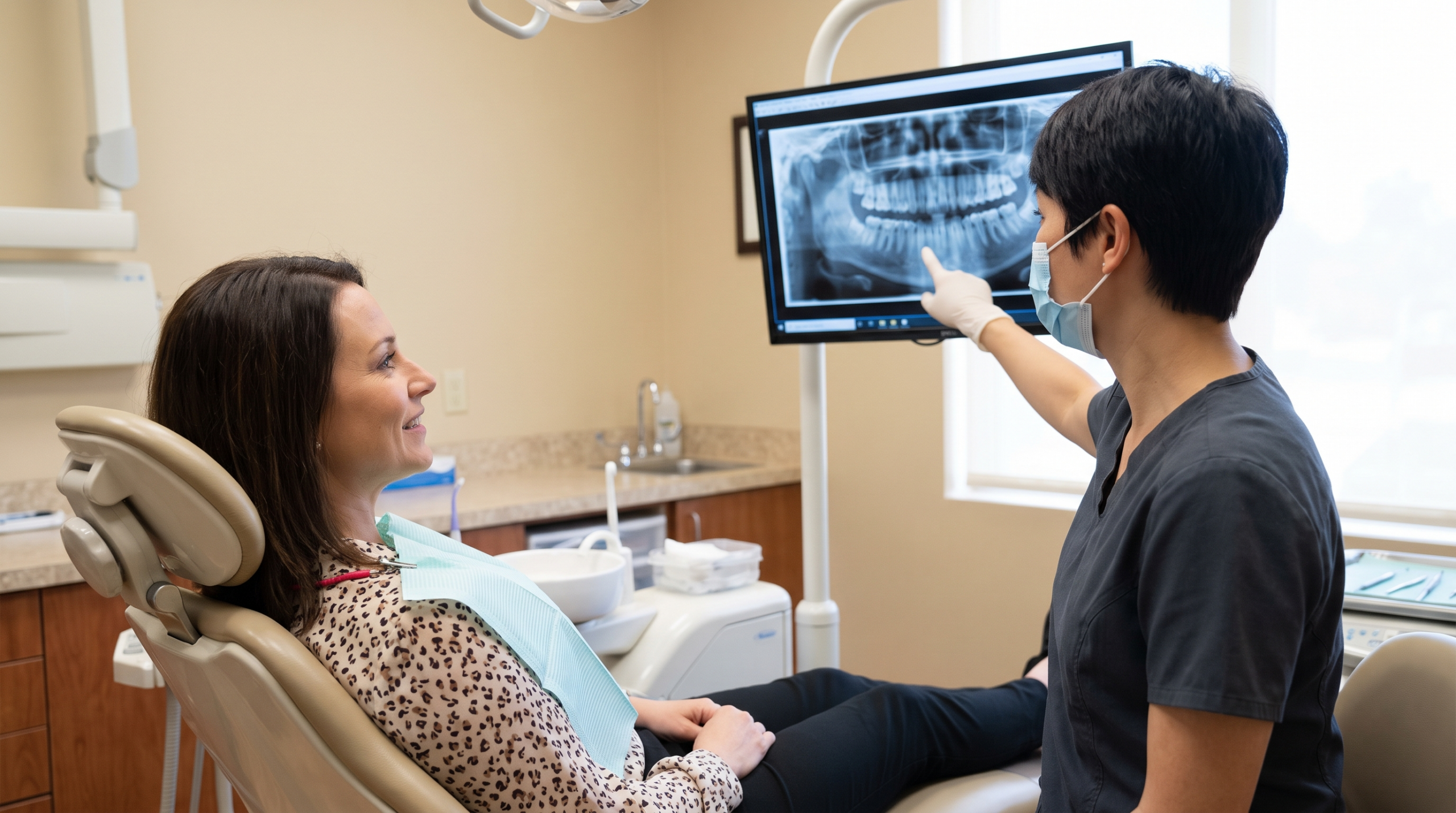 Dentist reviewing digital X-rays and an itemized implant treatment plan with a patient