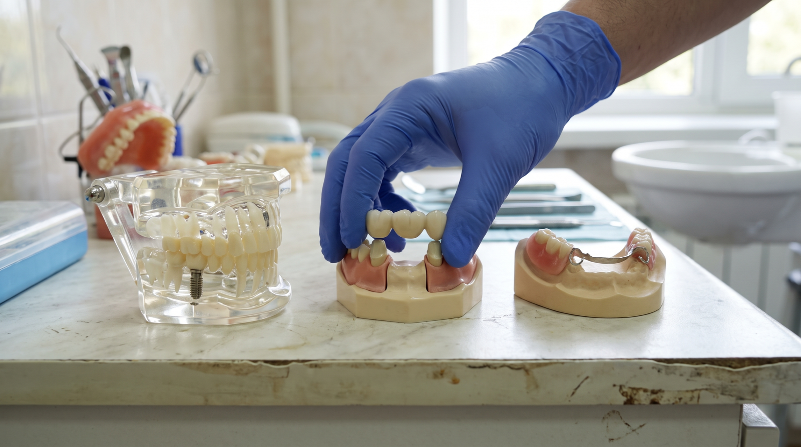 Dental implant, bridge, and denture models compared side by side on a clinic counter
