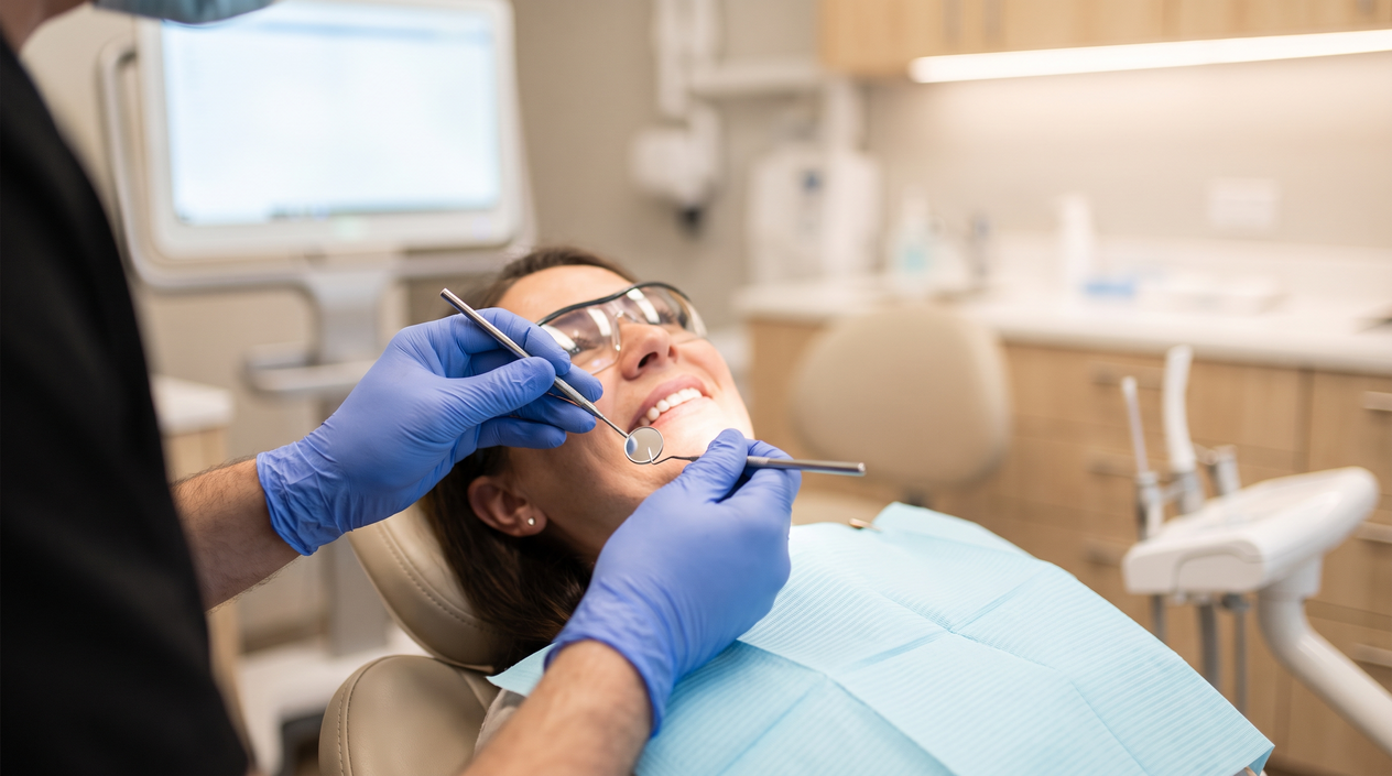 Dentist checking a patient's teeth one by one with a mirror and explorer during a dental exam